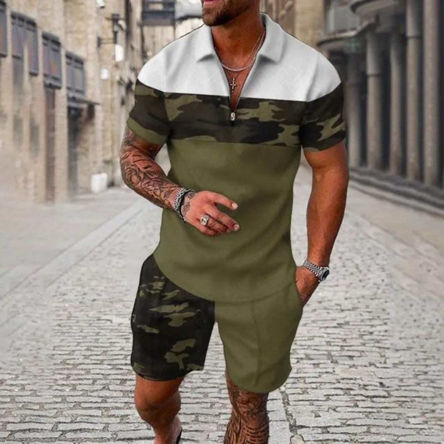 Gravor - Heren Camouflage Korte Mouw Romper - Casual Ritssluiting Jumpsuit