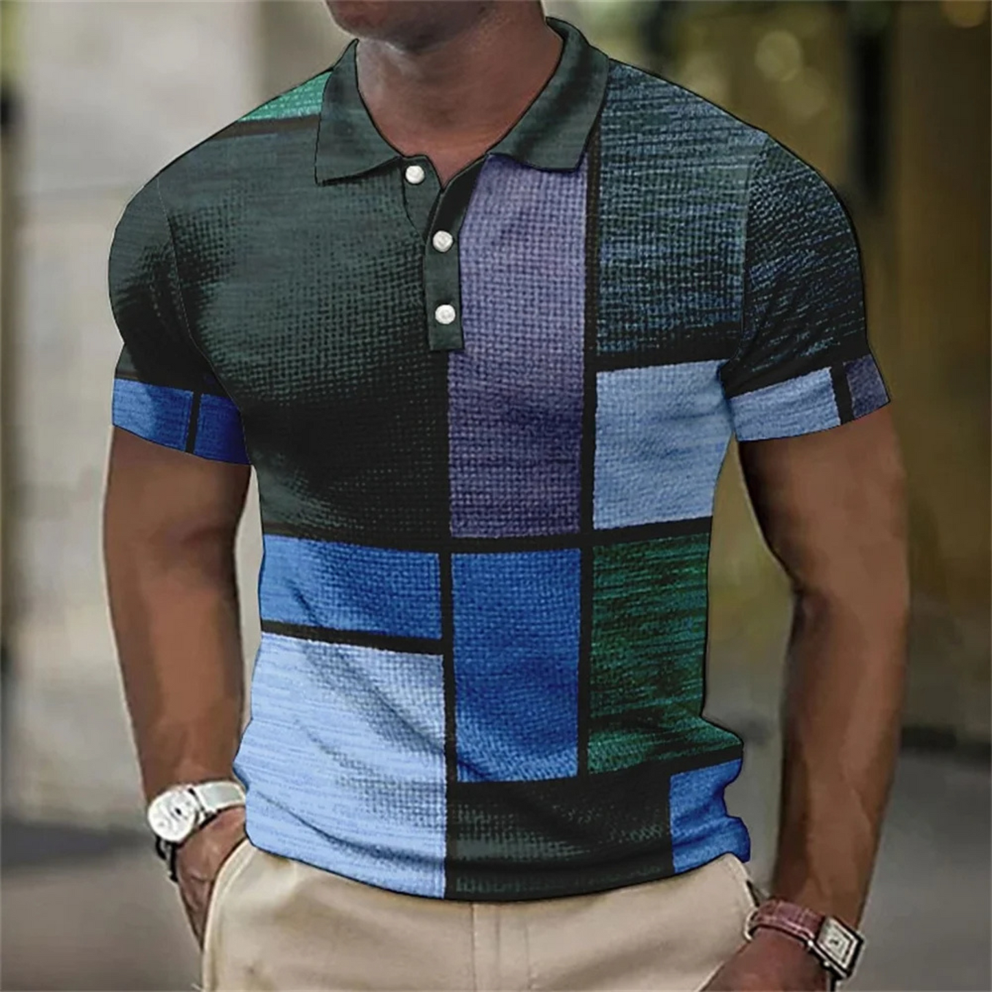 Lendix - Heren Textuur Patchwork Polo Shirt met Gestreept Design - Korte Mouw, Casual Pasvorm, Knoopsluiting