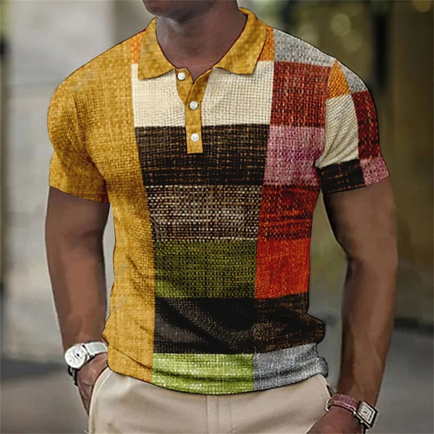 Lendix - Heren Textuur Patchwork Polo Shirt met Gestreept Design - Korte Mouw, Casual Pasvorm, Knoopsluiting