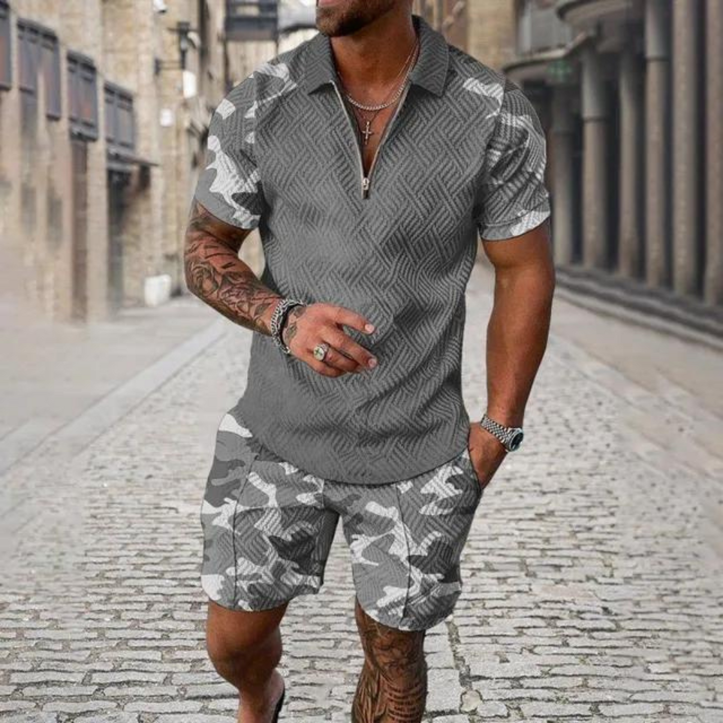 Gravor - Heren Camouflage Korte Mouw Romper - Casual Ritssluiting Jumpsuit