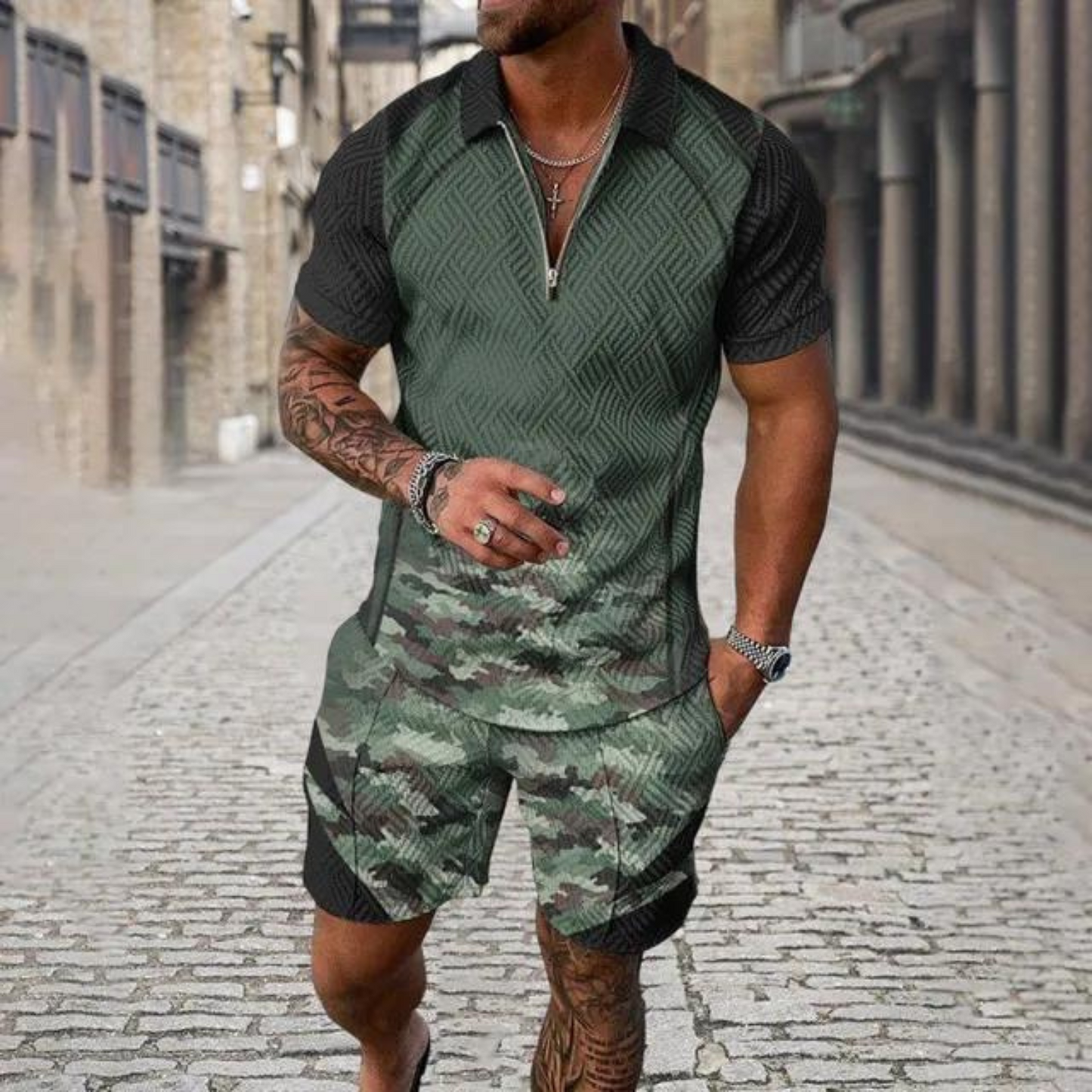 Gravor - Heren Camouflage Korte Mouw Romper - Casual Ritssluiting Jumpsuit