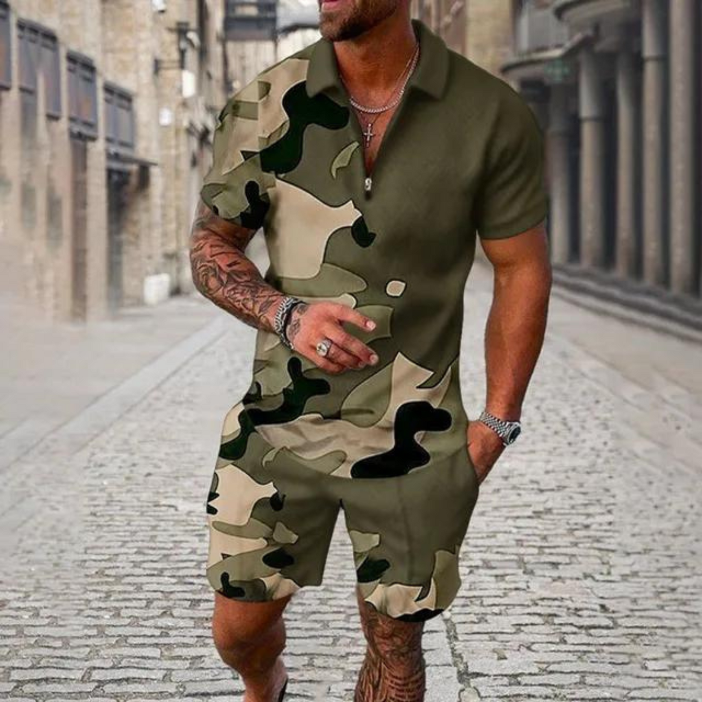 Gravor - Heren Camouflage Korte Mouw Romper - Casual Ritssluiting Jumpsuit