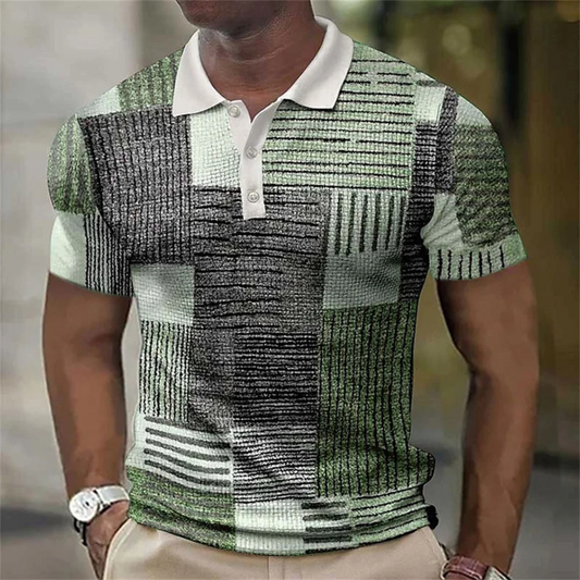 Lendix - Heren Textuur Patchwork Polo Shirt met Gestreept Design - Korte Mouw, Casual Pasvorm, Knoopsluiting