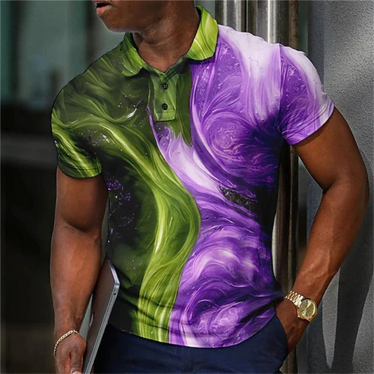 Graden - Heren Polo Shirt met Wervelend Patroon en Abstract Design - Korte Mouw, Casual Pasvorm, Knoopsluiting