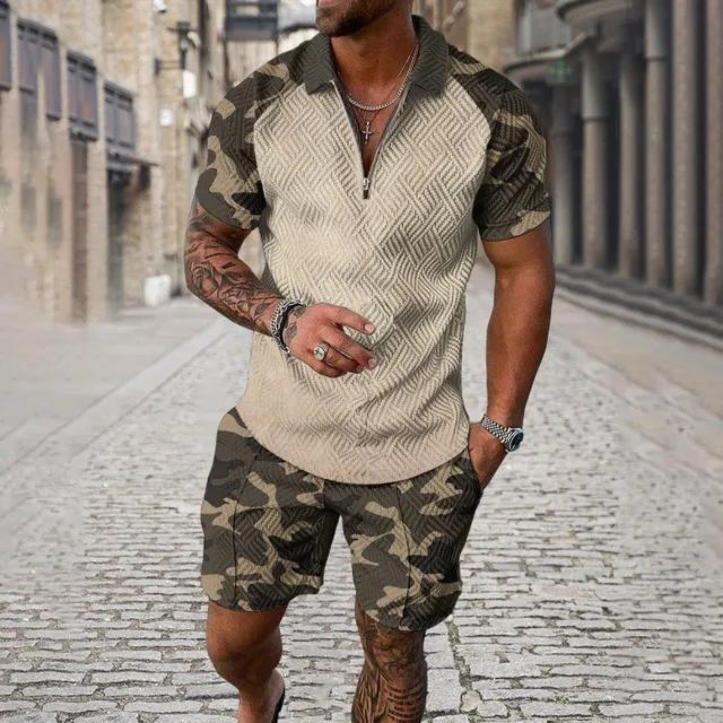 Gravor - Heren Camouflage Korte Mouw Romper - Casual Ritssluiting Jumpsuit