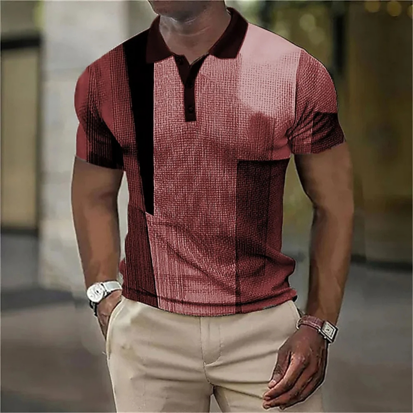 Lendix - Heren Textuur Patchwork Polo Shirt met Gestreept Design - Korte Mouw, Casual Pasvorm, Knoopsluiting