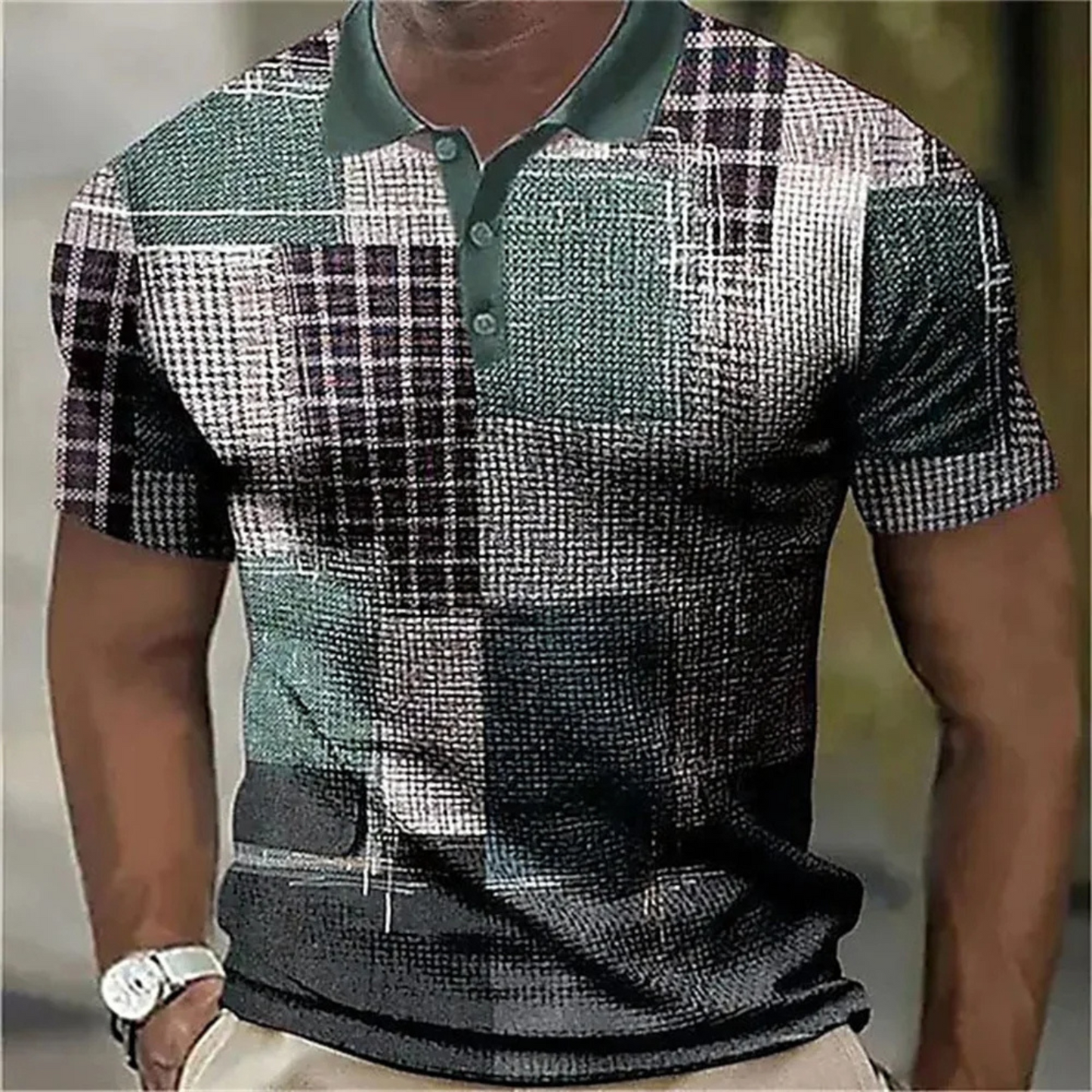 Lendix - Heren Textuur Patchwork Polo Shirt met Gestreept Design - Korte Mouw, Casual Pasvorm, Knoopsluiting