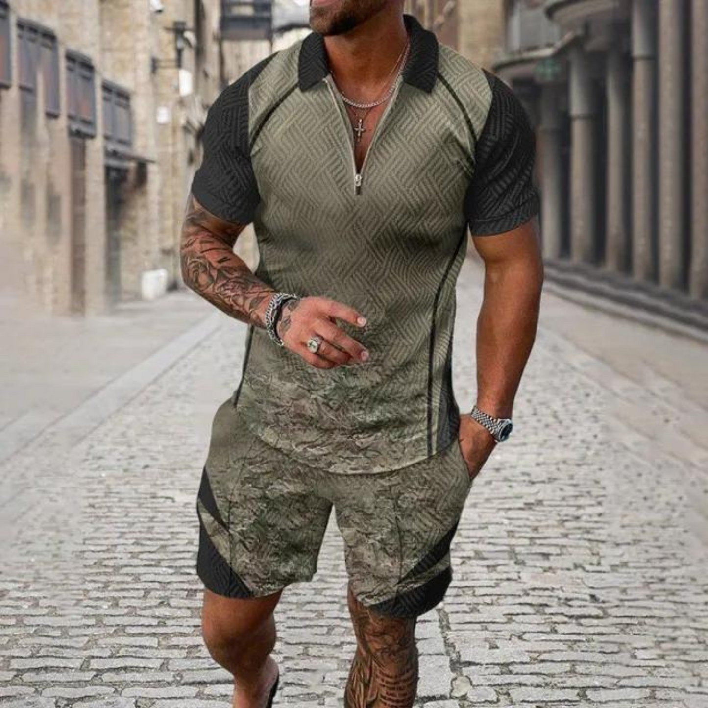 Gravor - Heren Camouflage Korte Mouw Romper - Casual Ritssluiting Jumpsuit