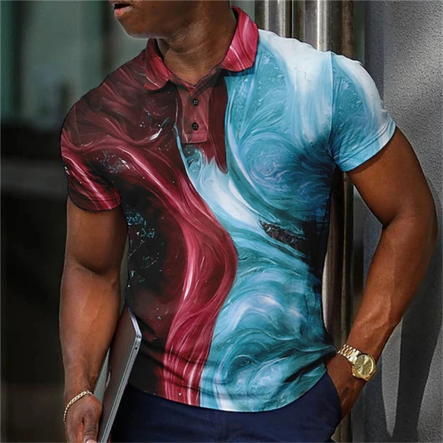 Graden - Heren Polo Shirt met Wervelend Patroon en Abstract Design - Korte Mouw, Casual Pasvorm, Knoopsluiting