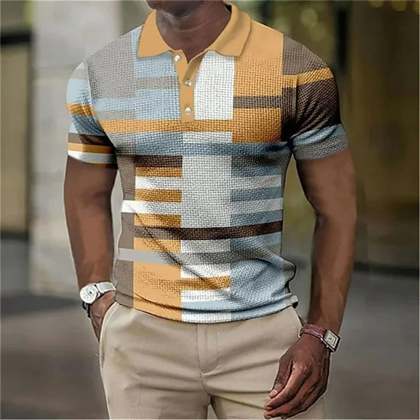 Lendix - Heren Textuur Patchwork Polo Shirt met Gestreept Design - Korte Mouw, Casual Pasvorm, Knoopsluiting