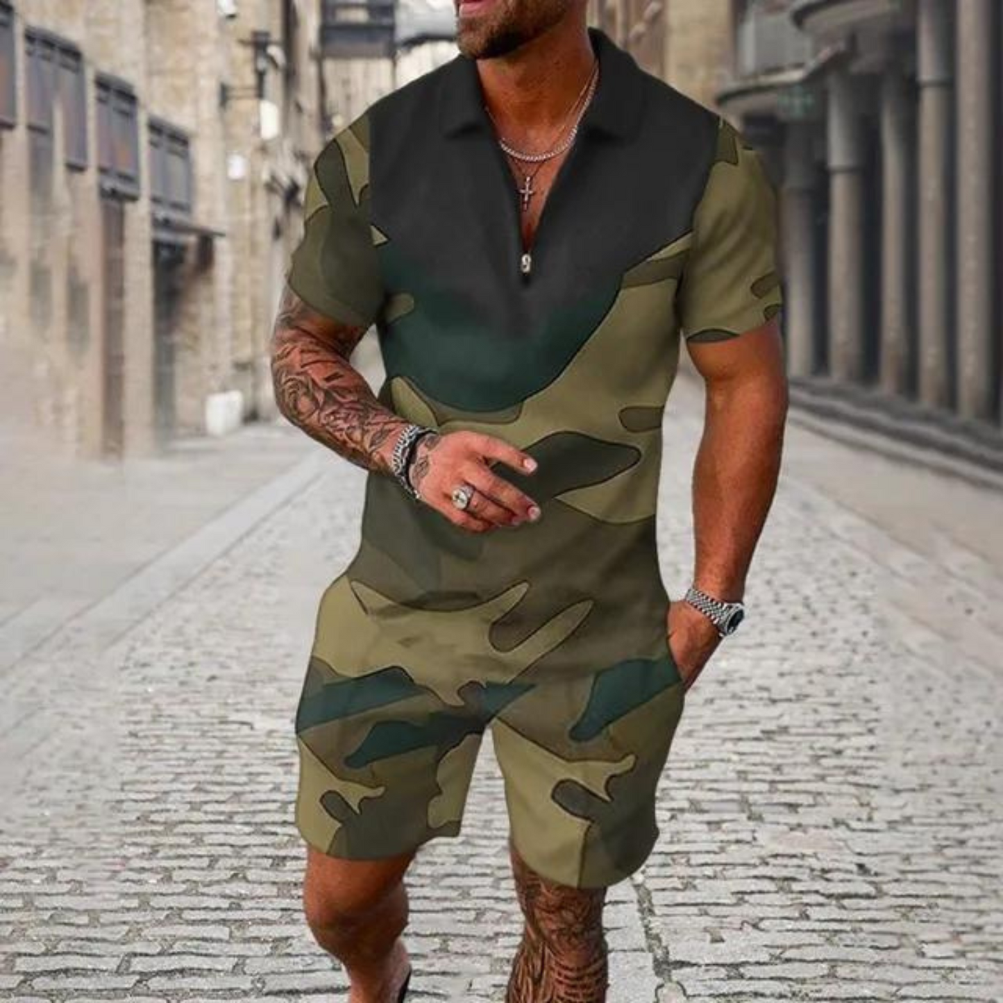 Gravor - Heren Camouflage Korte Mouw Romper - Casual Ritssluiting Jumpsuit