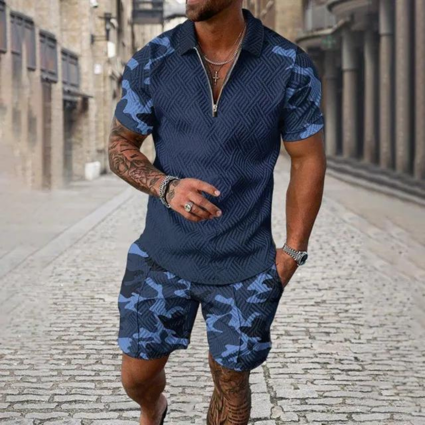 Gravor - Heren Camouflage Korte Mouw Romper - Casual Ritssluiting Jumpsuit