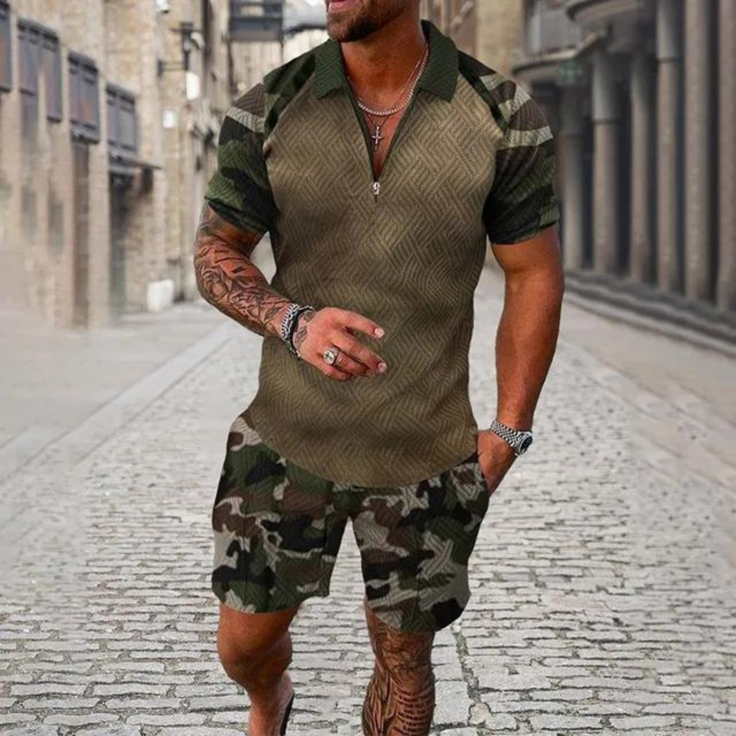 Gravor - Heren Camouflage Korte Mouw Romper - Casual Ritssluiting Jumpsuit