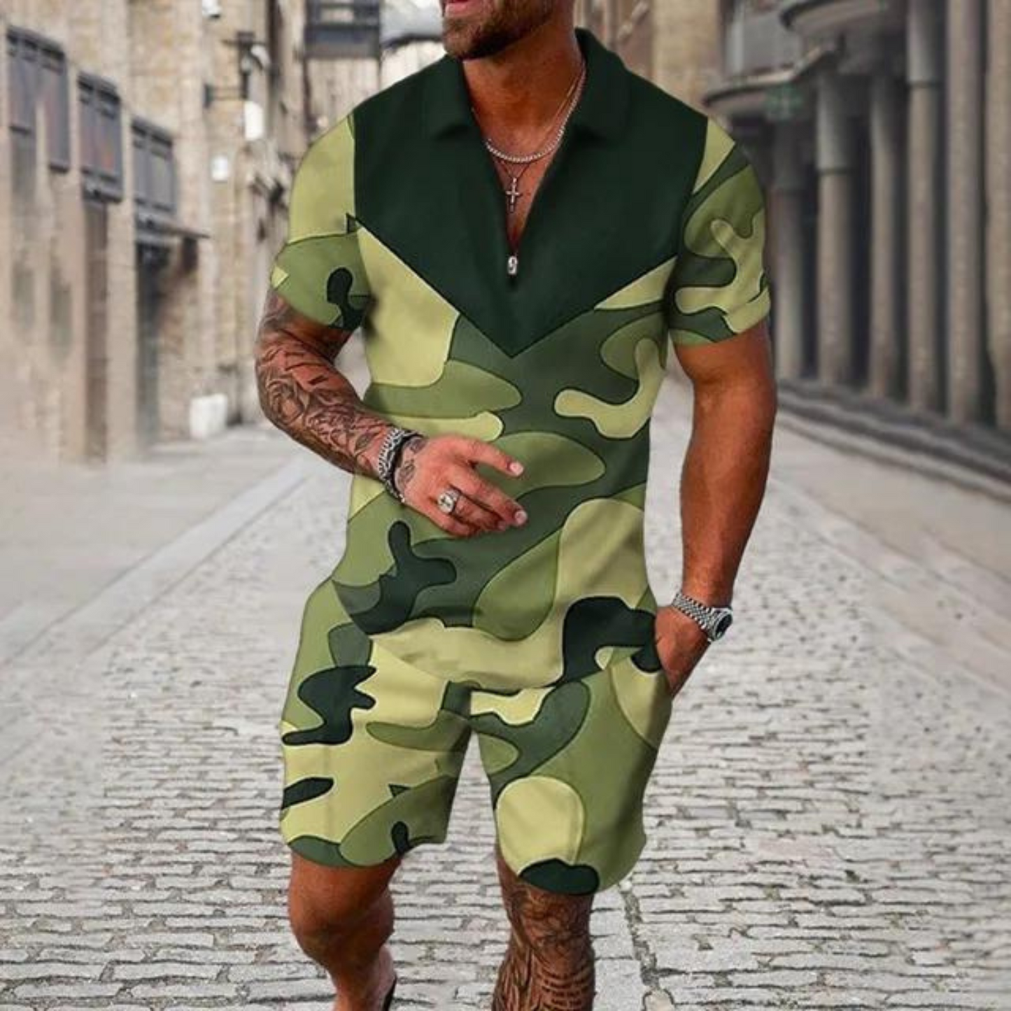 Gravor - Heren Camouflage Korte Mouw Romper - Casual Ritssluiting Jumpsuit