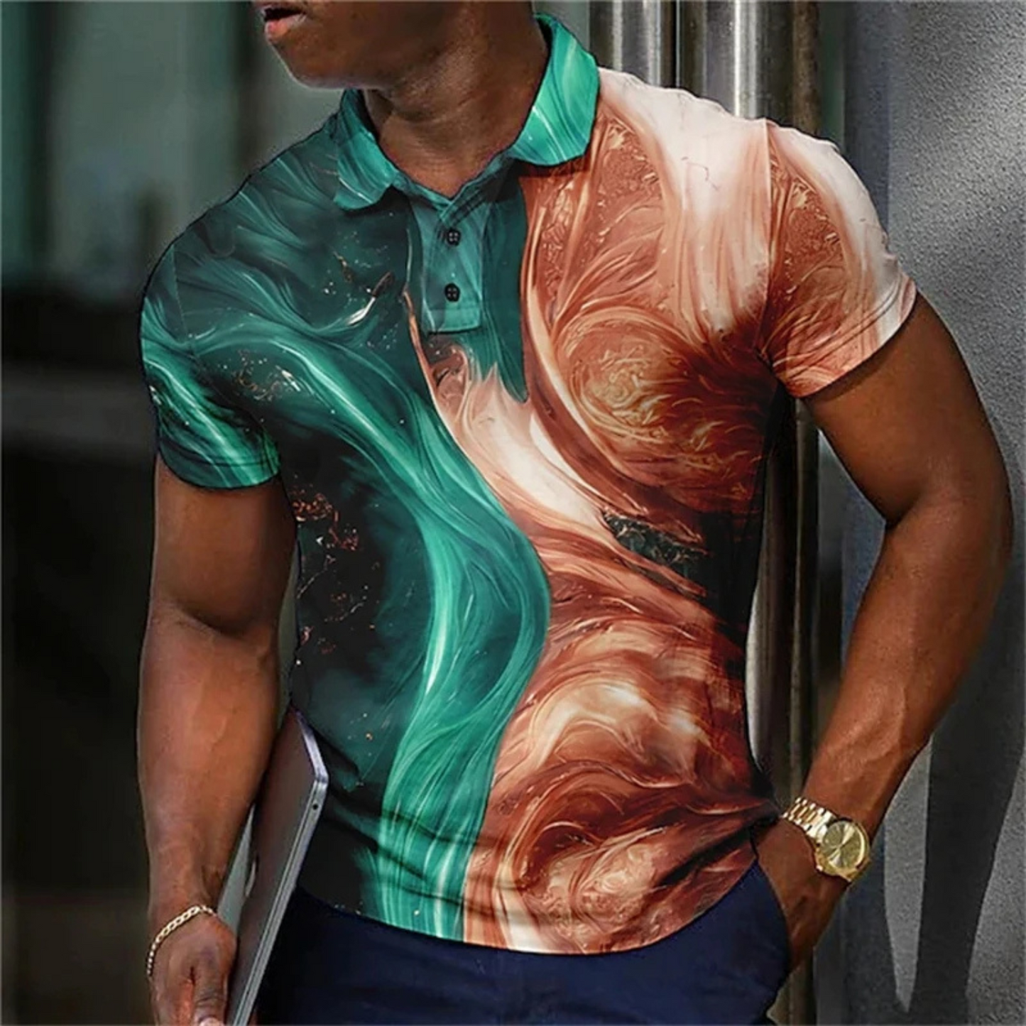 Graden - Heren Polo Shirt met Wervelend Patroon en Abstract Design - Korte Mouw, Casual Pasvorm, Knoopsluiting