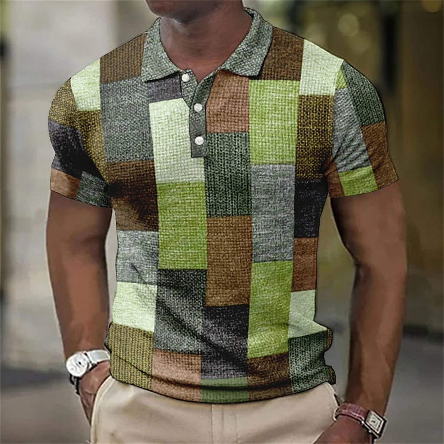 Lendix - Heren Textuur Patchwork Polo Shirt met Gestreept Design - Korte Mouw, Casual Pasvorm, Knoopsluiting