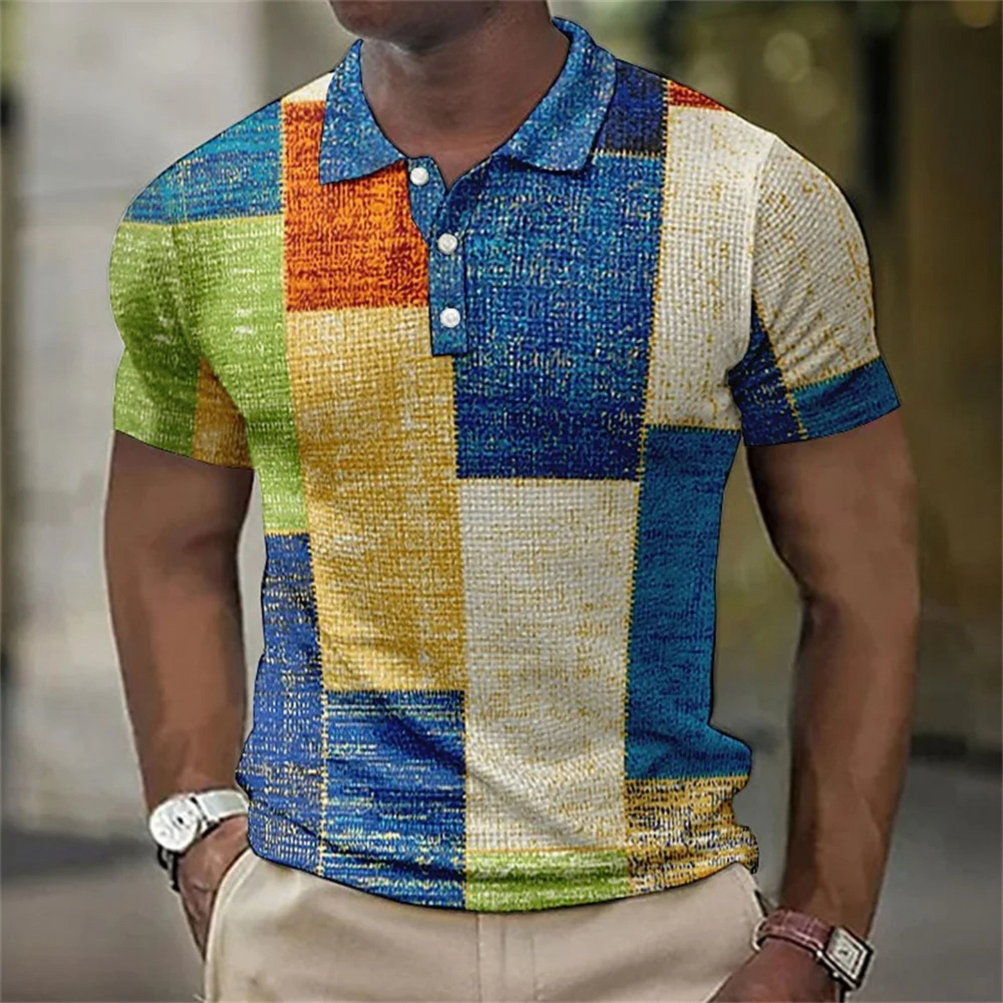 Lendix - Heren Textuur Patchwork Polo Shirt met Gestreept Design - Korte Mouw, Casual Pasvorm, Knoopsluiting