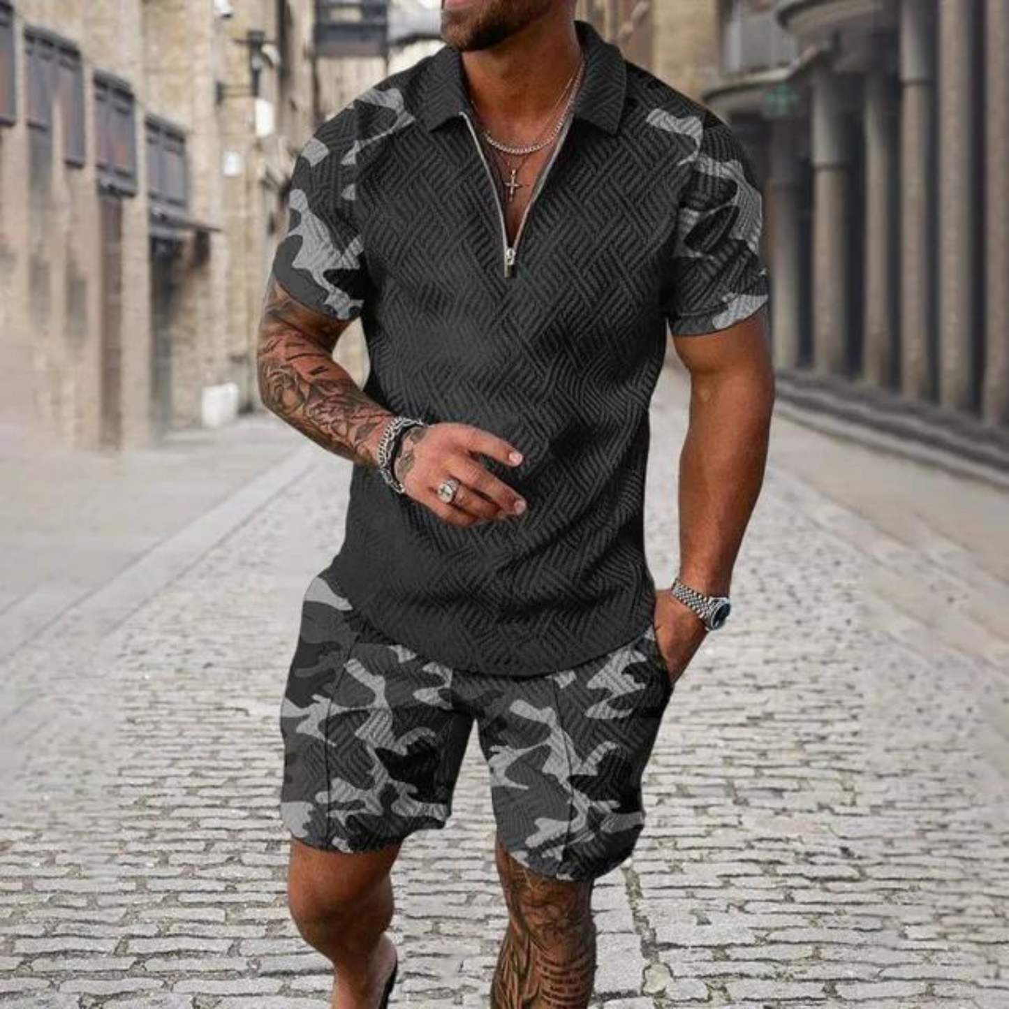 Gravor - Heren Camouflage Korte Mouw Romper - Casual Ritssluiting Jumpsuit