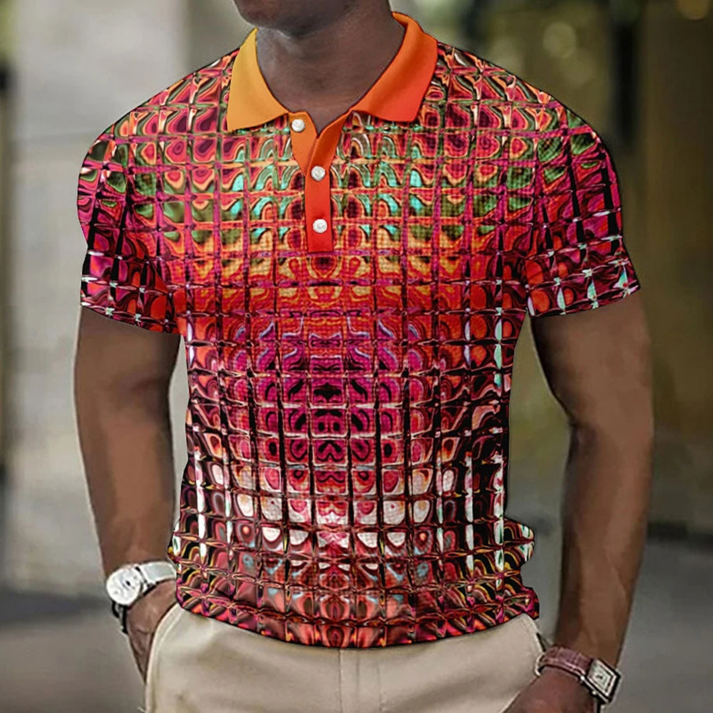 Kradex - Heren Moderne Kunst Polo Shirt met Abstract Grafisch Design - Korte Mouw, Casual Pasvorm, Knoopsluiting