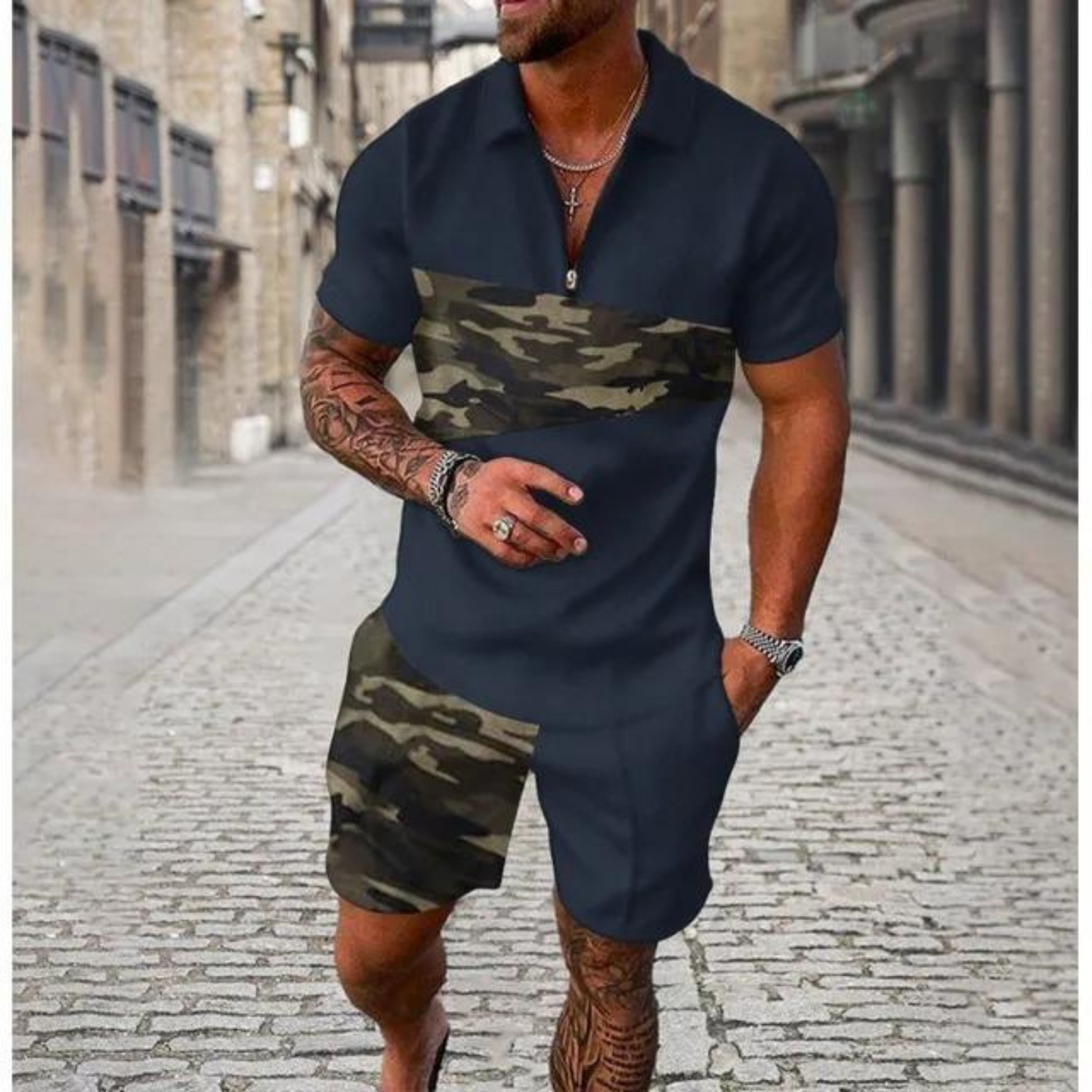 Gravor - Heren Camouflage Korte Mouw Romper - Casual Ritssluiting Jumpsuit