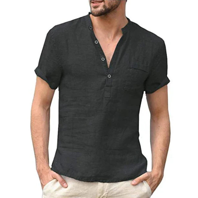 Steadix -  Linnen Henley Overhemd met Korte Mouwen voor Heren, Casual Lichtgewicht Zomertop