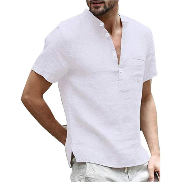 Steadix -  Linnen Henley Overhemd met Korte Mouwen voor Heren, Casual Lichtgewicht Zomertop